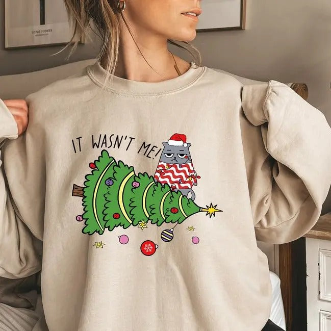 Funny Christmas Sweatshirt, Christmas Gift For Women, Funny Cat Sweatshirt, Christmas Tree Sweatshirt, Mens Christmas...