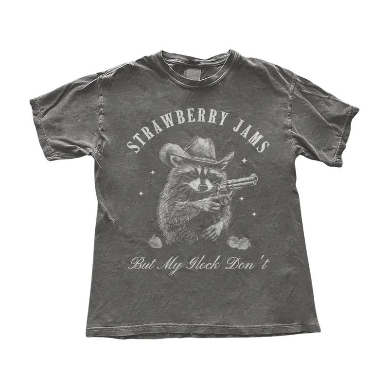 Funny Cowboy Raccoon Strawberry Jams T-Shirt - Vintage Style Western Graphic Tee