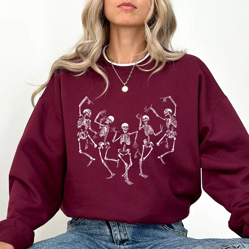 Funny Dancing Skeleton Sweatshirt, Spooky Skeletons Halloween Crewneck, Creepy Skeleton Sweater, Halloween Party Tops,...