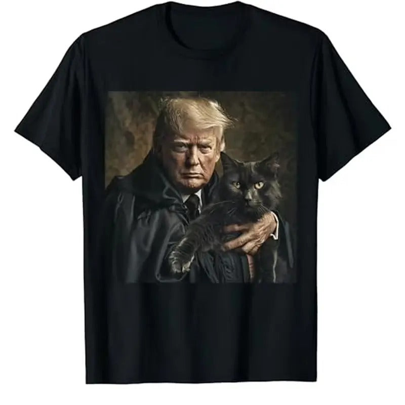 Funny Donald Trump and Black Cat tshirt Graphic Tee Tops Underwear Crewneck Menswear T Shirt Hoodie, Sweatshirt