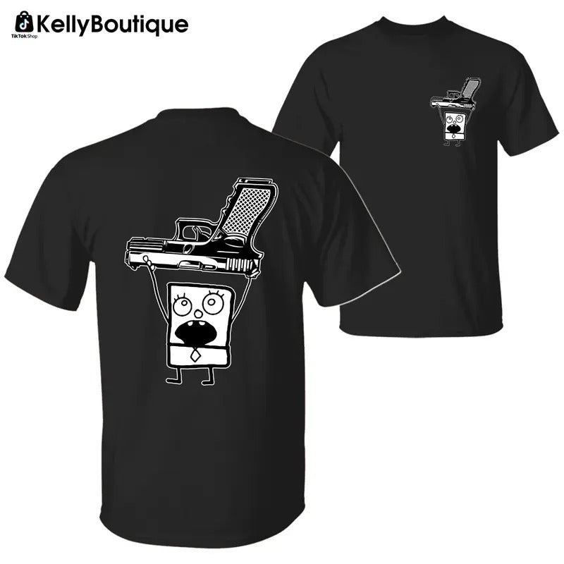 Funny Doodlebob Holding a Glock 2 Sided Graphic Printed Unisex Classic Cotton T-shirt Sweatshirt Hoodie | PrintMintTees.com