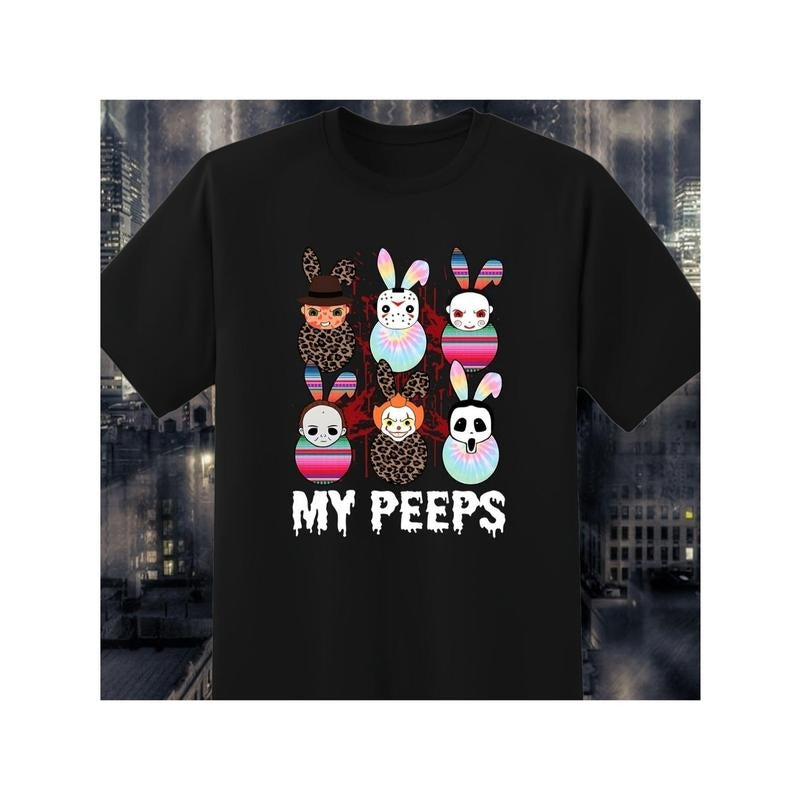 Funny Easter Horror Bunny Ear T-Shirt - Black Cotton Short Sleeve Round Neck Tee with 'MY PEEPS' Design for Men & Women