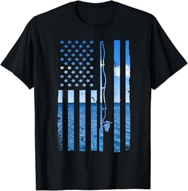 Funny Fishing Shirt, American Flag Fish Fisher Fisherman Funny Bass Fishing USA T-Shirt