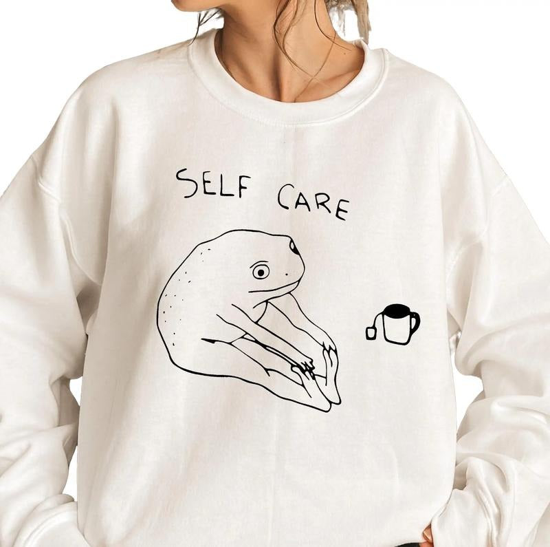 Funny Frog Self Care Sweatshirt, Funny Frog Self Care Retro Sweatshirt, Cottagecore Frog Sweatshirt, Unisex Sweatshirt,...