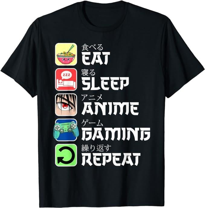 Funny Gamer Shirts Gamers Eat Sleep Anime Gaming Repeat Japan Kawaii Manga Anime Menswear Top Casual Classic T-Shirts, Hoodie, Sweatshirt