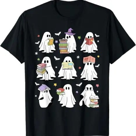 Funny Halloween Shirts For Men, Funny Ghost Book Reading Halloween Books Lover Teacher T-Shirt Menswear