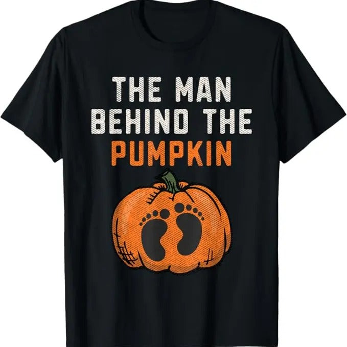 Funny Halloween Shirts Man Behind Pumpkin Dad Halloween Pregnancy Reveal Menswear Available Size S 5XL Shirt Hoodie Sweatshirt