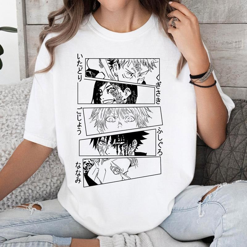 Funny JJK Gojo Nobara Megumi Nanami Yuji Tshirt Crewneck Hoodie Comfort Cotton Sweatshirt | PrintMintTees.com