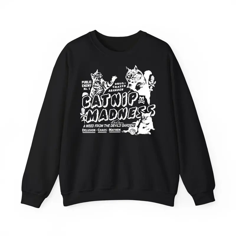 Funny Meme Cat Sweatshirt For Women And Men, Catnip Madness Cute Cat Sweatshirt, Funny Cats Crazy Merch, Cool Graphic...