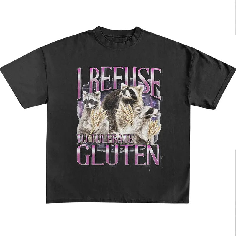 Funny Meme I Refuse To Tolerate Gluten Graphic Shirt, Unisex Retro Raccoon Gift, Vintage Style Cotton Shirt, Gluten...