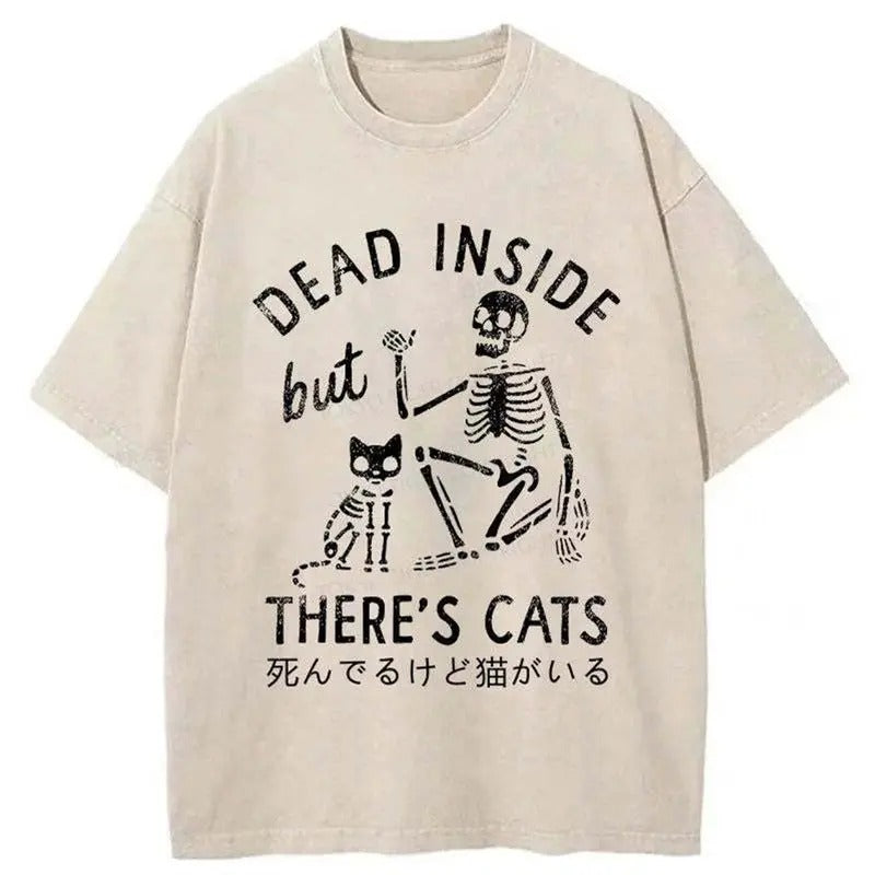 Funny Meme Japanese Skeleton And Cat Shirt, Dead Inside But There's Cats Merch, Vintage Retro Shirt Gift, Unisex Classic...