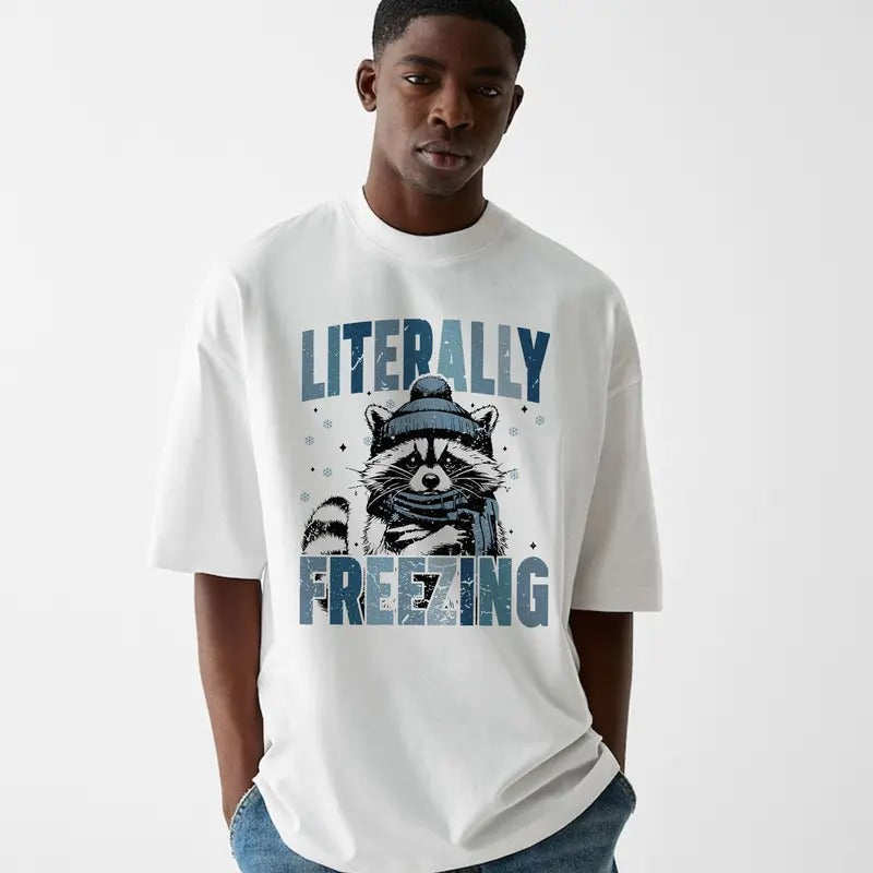Funny Meme Literally Freezing Raccoon Graphic Shirt, Unisex Retro Chiristmas Raccoon Gift, Vintage Style Cotton Shirt,...