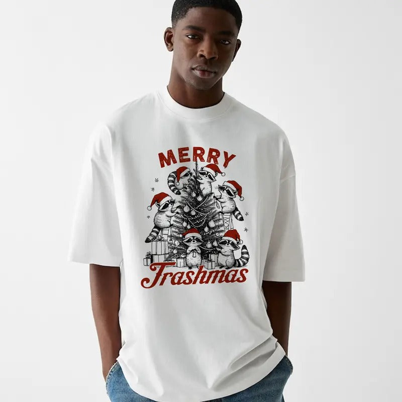 Funny Meme Merry Trashmas Graphic Shirt, Unisex Retro Christmas Raccoon Tee Gift, Vintage Style Cotton Shirt, Humorous...