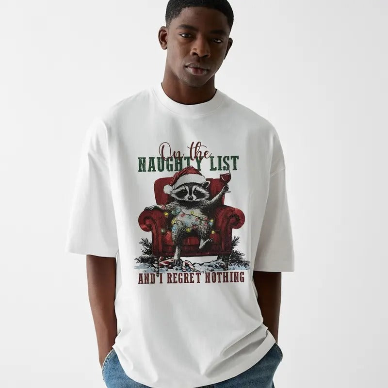 Funny Meme On The Naughty List And I Regret Nothing Shirt, Unisex Retro Christmas Raccoon Gift, Vintage Style Cotton...