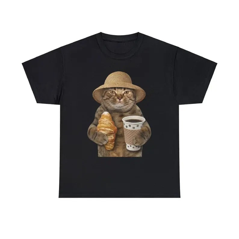 Funny Meme Shirt, Cat With Coffee And Croissant Tee, Gift Unisex T-Shirt Hoodie Sweatshirt | PrintMintTees.com