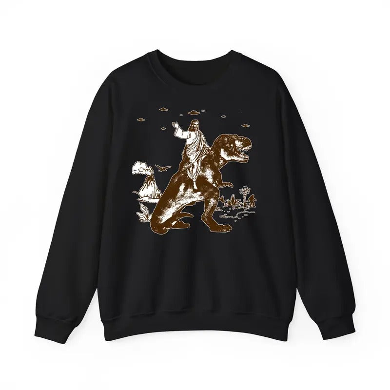 Funny Meme Shirt, Jesus Riding Dinosaur Sweatshirt, UFO Merch, Offensive Cool Graphic Sweatshirt, Crazy Shirt For Men And...