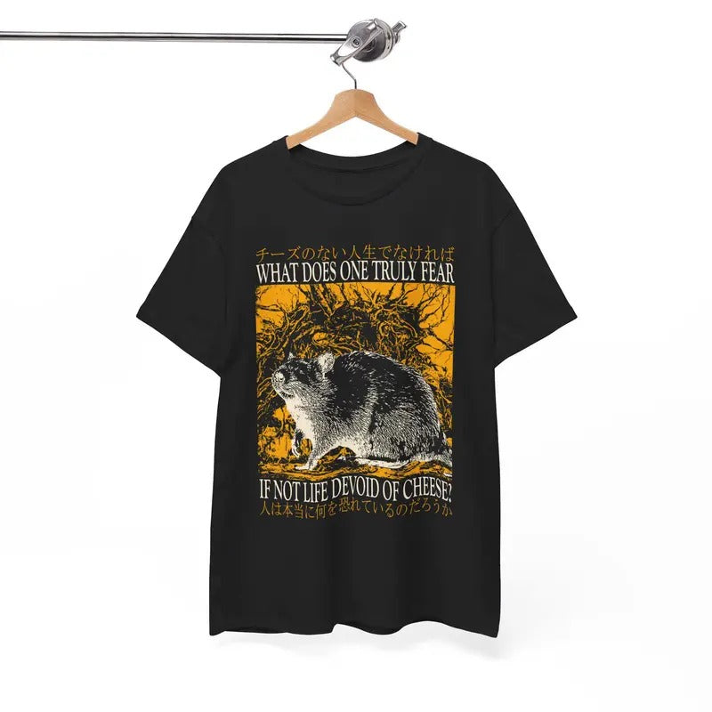 Funny Meme Shirt, Life Devoid of Cheese Vintage Japanese Rat Shirt, Retro Japanese Horror Rat Cheese Graphic Tee, Quirky...