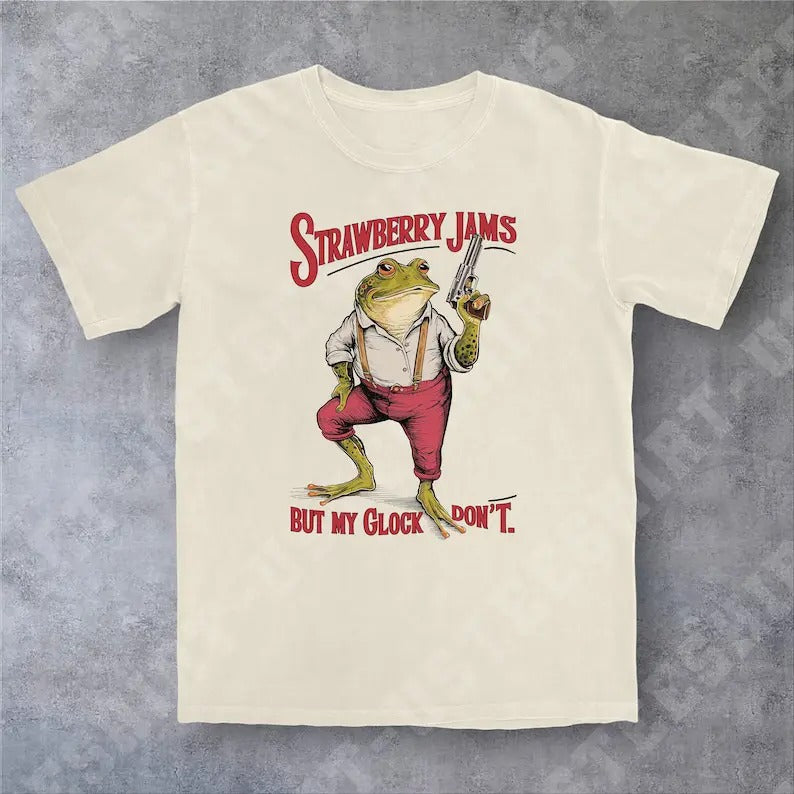 Funny Meme Shirt, Strawberry Jams But My Glock Don't Tee, Frog Y2K Gift Unisex T-Shirt Hoodie Sweatshirt | PrintMintTees.com