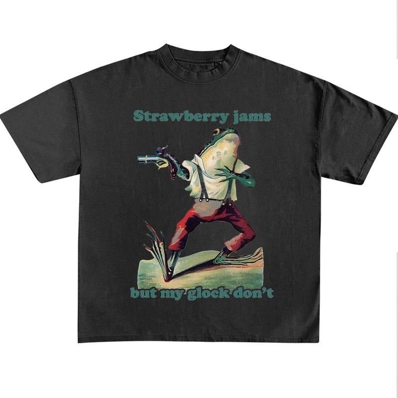 Funny Meme Shirt, Strawberry Jams But My Glock Dont Funny Shirt, Parody Tee Gift, Frog Meme, Gift Meme, Funny Frog Quote...
