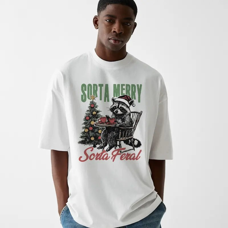 Funny Meme Sorta Merry Graphic Shirt, Unisex Retro Sorta Feral Tee Gift, Vintage Style Cotton Christmas Shirt, Raccoon...