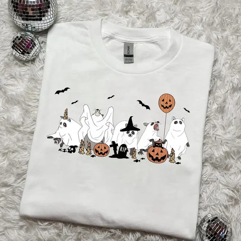 Funny Racoon Ghost Halloween Shirt, Retro Halloween Shirt , Spooky Season Cute Halloween Shirt Cotton Menswear Hoodie...