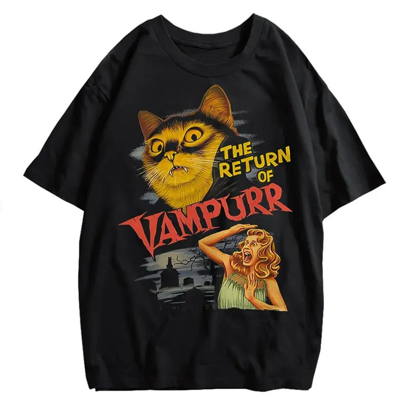 Funny Retro Vampire Horror Movie Cat Meme Shirt Menswear Top Underwear Man Human Streetwear T-Shirt Crewneck Round Neck...