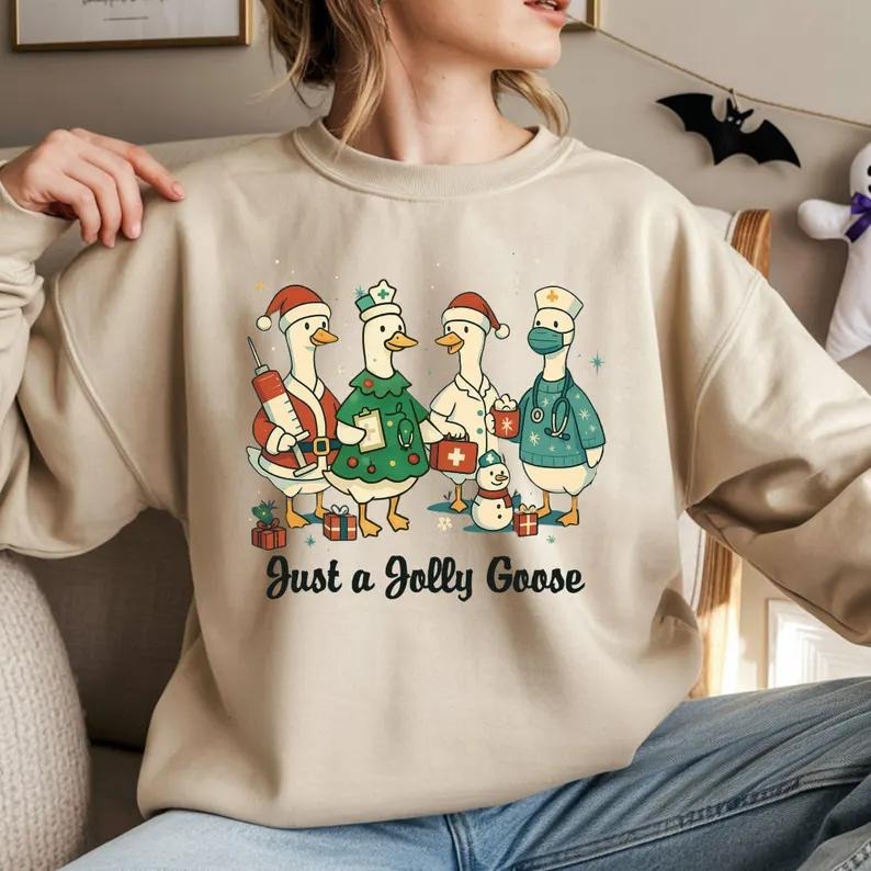 Funny Silly Goose Nurse Christmas Sweatshirt and T-Shirt, Festive RN Holiday Shirt, Cute Medical Staff Xmas Top, Funny...