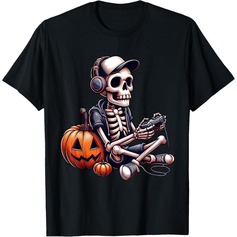 Funny Skeleton Playing Video Game Halloween Shirt Boys Gamer T-Shirt made in usa Hoodie Sweatshirt | PrintMintTees.com