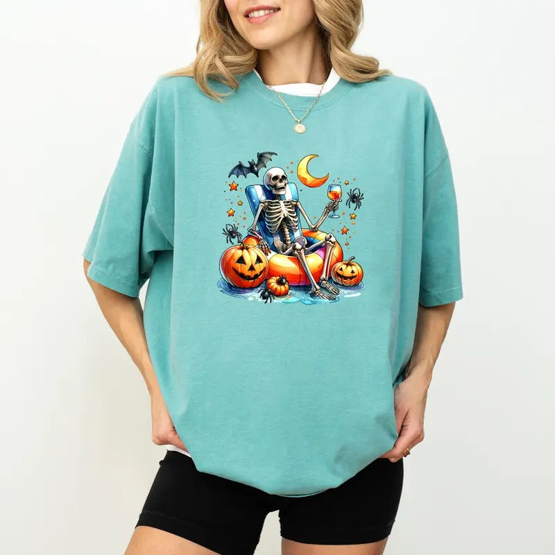 Funny Skeleton Summer Shirt Comfort Colors Just Waiting Halloween Skeleton Summer Beach Halloween Summer Shirt Girl Pumpkin Skeleton Spooky Season Casual Womenswear Tops Relaxed Fit Chic Shirt Hoodie Sweatshirt