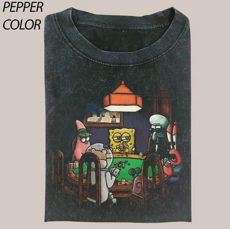 Funny Spongebob Playing Poker Crewneck T-shirt, Meme Genz Dank Graphic Unisex Tee, Gifts Casual Fabric funny  shirts...