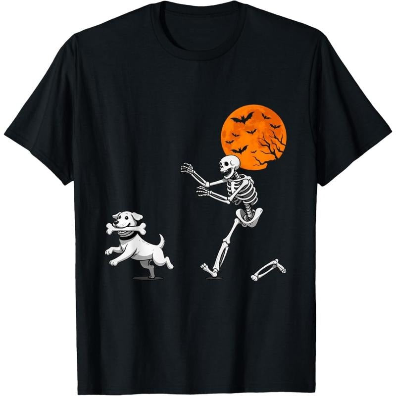 Funny Spooky Humor Halloween Skeleton Chasing Dog T-Shirt made in usa Hoodie Sweatshirt | PrintMintTees.com