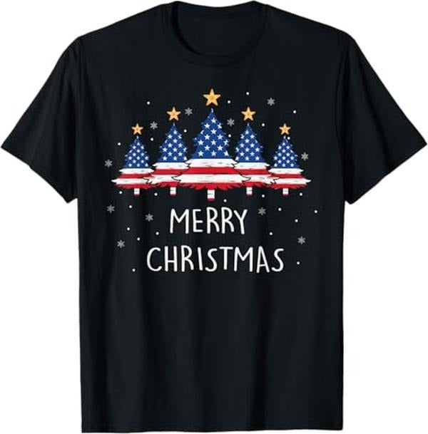 Funny Xmas Men Women Family T-Shirt, My American Flag Christmas Tree Pajama Shirt Xmas Funny T-Shirt