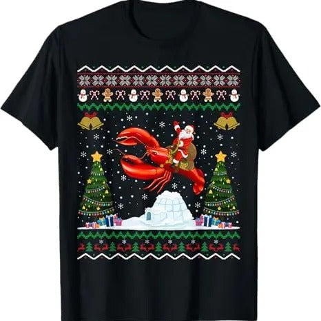 Funny Xmas Family Ugly Xmas Santa Riding Lobster Menswear Top T-Shirts, Hoodie, Sweatshirt
