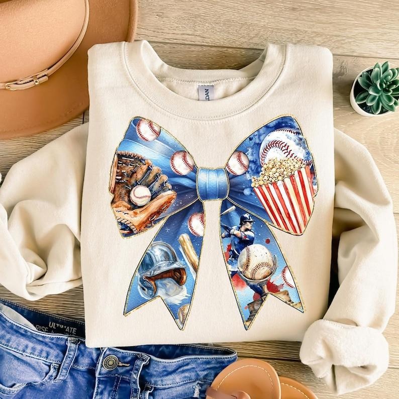 Game Day Baseball Coquette Bow , Baseball Mama , Baseball Mom , Blue  At the Ballpark Sweatshirt Shirt Hoodie