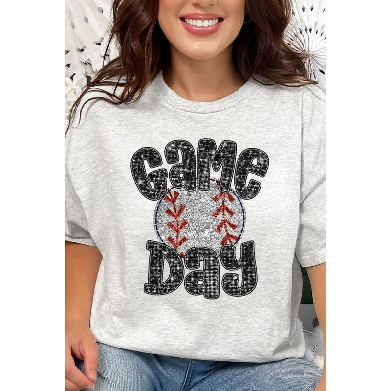 Game Day Baseball Faux Sequin Transfer Short Sleeve Relaxed Fit T-Shirt Hoodie Sweatshirt | PrintMintTees.com
