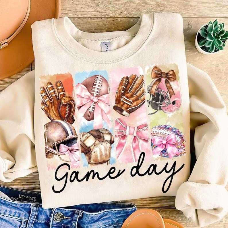 Game Day Football Coquette Bow , Football Mama , Football Mom , Brushstroke  Touchdown Sweatshirt Shirt Hoodie