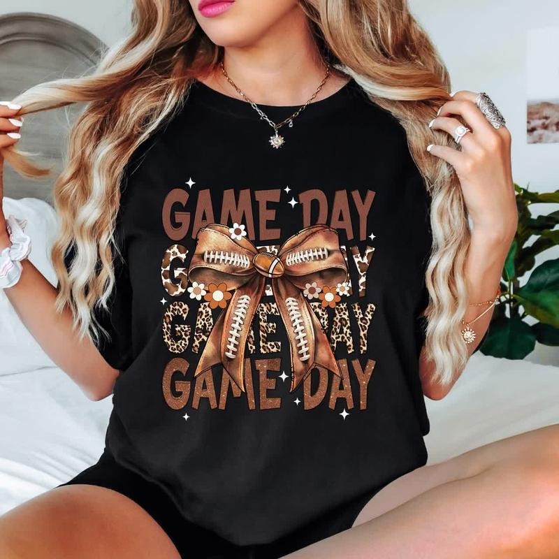 Game Day Shirt for Women Football Coquette Bow T-Shirt Short Sleeve Football Season Tee Tops Womenswear Black Hoodie...