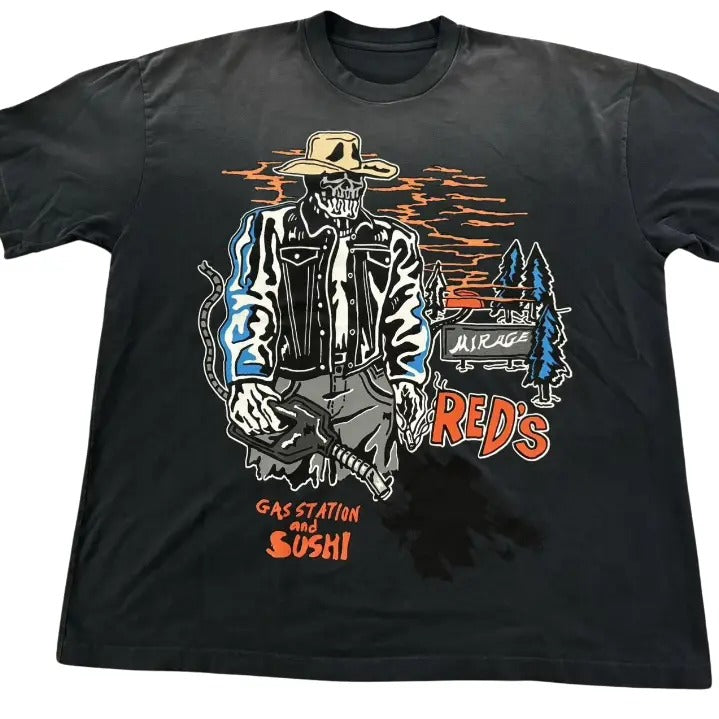 Gas Station & Sushi T-Shirt, Vintage Graphic Tees Skull Gothic Biker Grunge Y2k Emo Scene Amity Affliction Style Clothes...