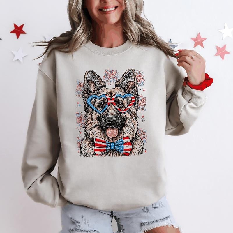 German Shepherd Patriotic Dog USA America Pet Lover 4th July Crew Neck Shirt Hoodie Sweatshirt