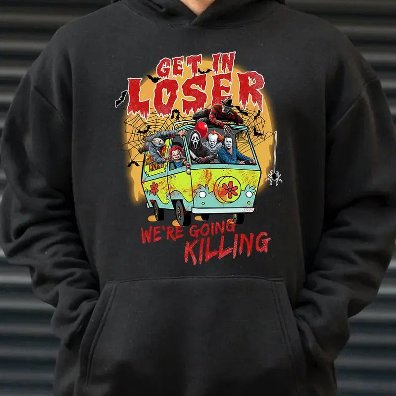 Get In Loser Shirt, Halloween Horror Characters Shirt, Trending Halloween Shirt Hoodie Sweatshirt | PrintMintTees.com