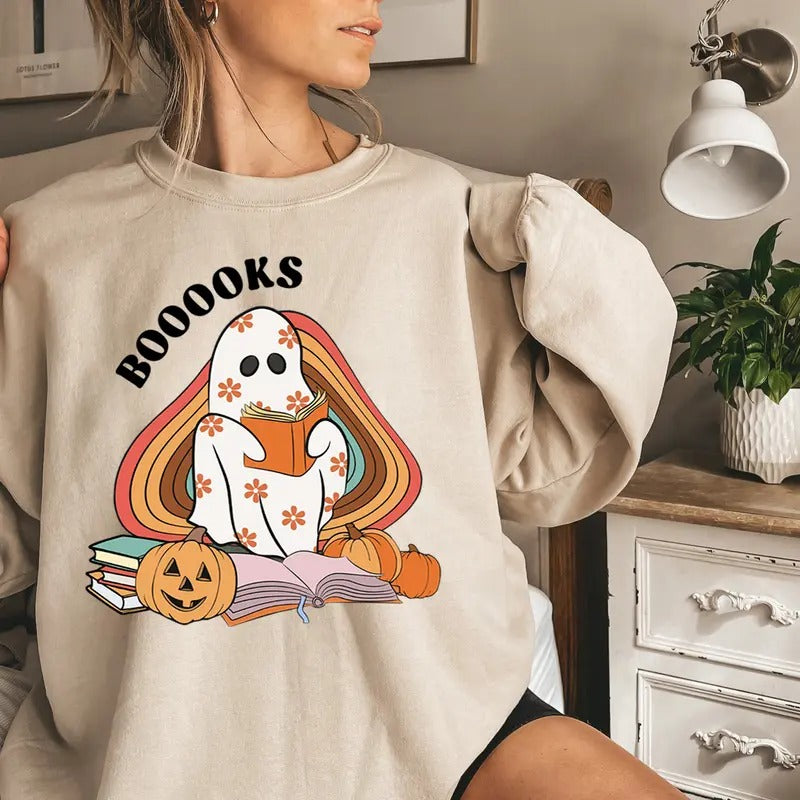 Ghost Books Sweatshirt, Halloween Crewneck Sweatshirt, Booklover Sweater, Ghost Reading Books Shirt, Funny Floral Ghost...