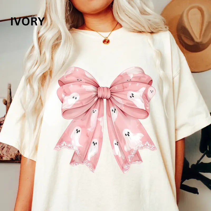 Ghost Bow Shirt, Coquette Halloween Bow Shirt,  Halloween Ghost shirt, Comfort Colors Halloween Shirt, Casual Shirt...