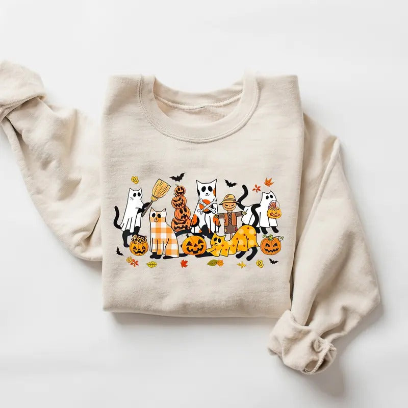 Ghost Cat Halloween Sweatshirt, Black Cat Halloween Sweater, Pumpkin Halloween Shirt, Halloween Cat Shirt, Autumn Fall...