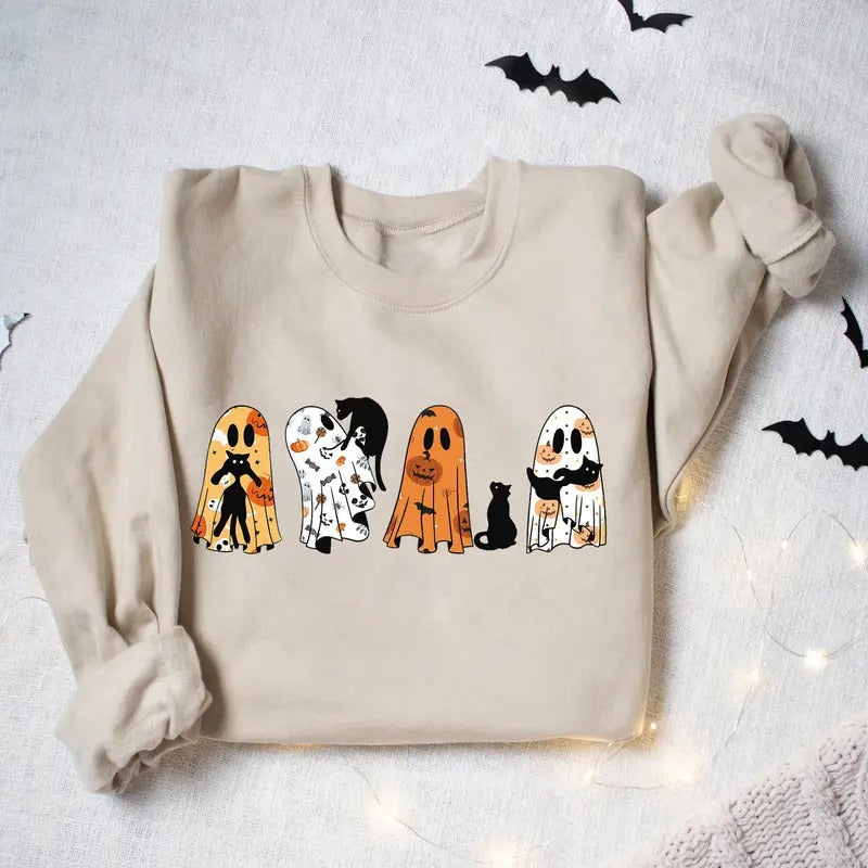 Ghost Cat Sweatshirt, Ghost Cat Halloween Shirt, Halloween Ghost Shirt, Black Cat Shirt, Pumpkin Ghost Shirt, Pumpkin...
