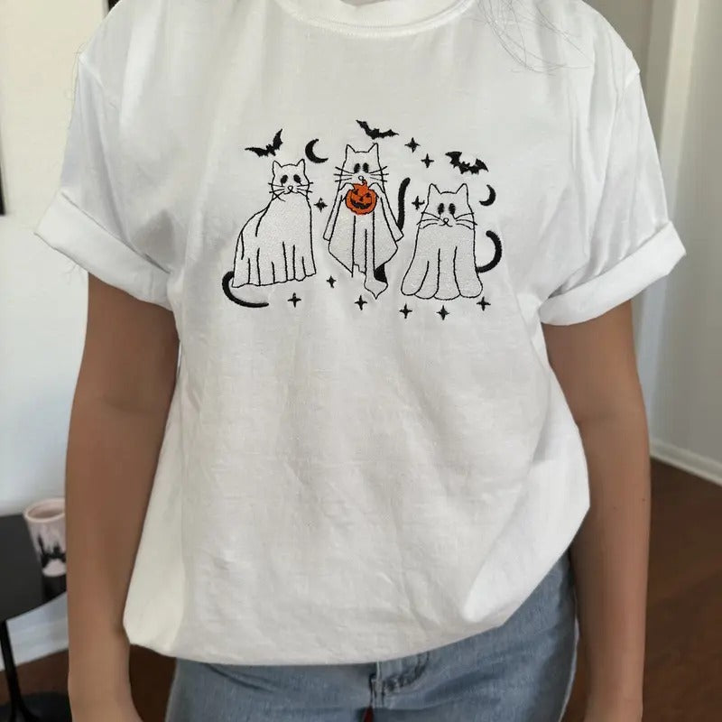 Ghost Cats Embroidered Tee shirt Hoodie, Sweatshirt | PrintMintTees.com