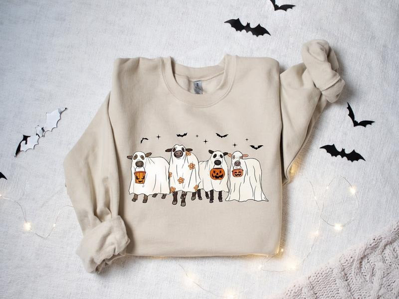 Ghost Cows Halloween Sweatshirt, Halloween Crewneck, Cows Ghost Shirt, Cow Lover Gift, Halloween Fall Shirt, Funny...