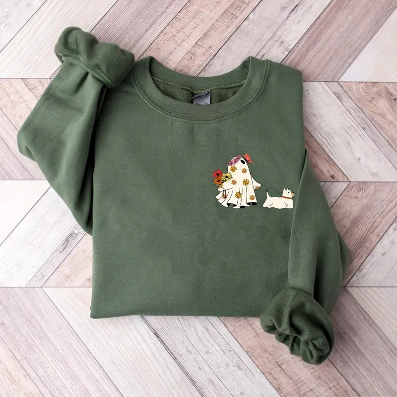 Ghost Dog Floral Sweatshirt, Halloween Ghost Dog Sweatshirt, Dog Lover Shirt, Ghost Walking Dog Shirt, Halloween Dog...