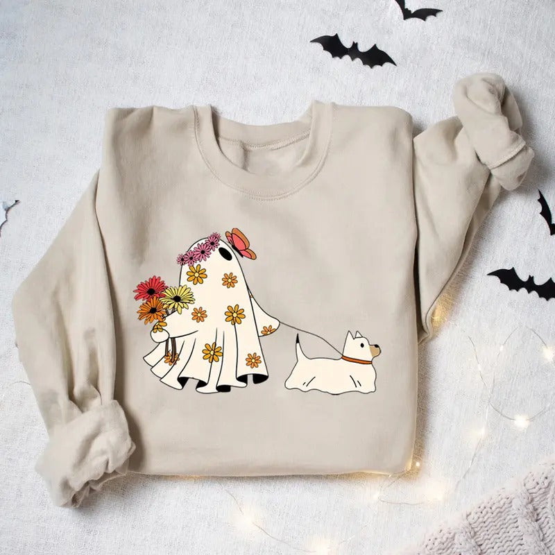 Ghost Dog Floral Sweatshirt, Halloween Ghost Dog Sweatshirt, Dog Lover Shirt, Ghost Walking Dog Shirt, Halloween Dog...