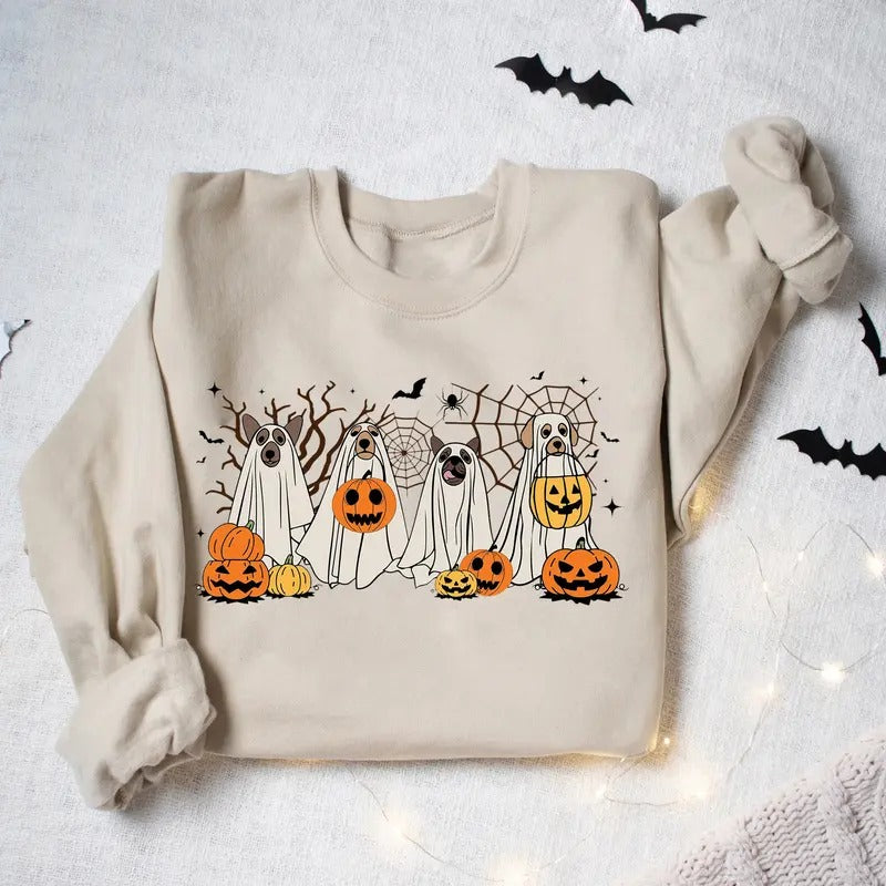 Ghost Dog Halloween Sweatshirt, Ghost Dog Shirt, Fall Halloween Sweatshirt, Ghost Shirt, Pumpkin Dog Fall Halloween...