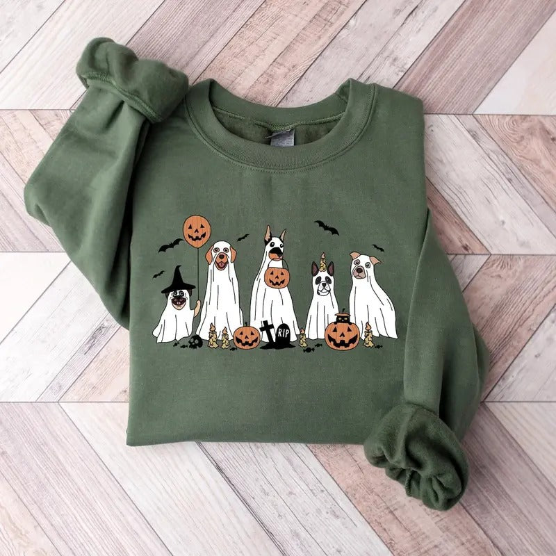 Ghost Dogs Halloween Sweatshirt, Halloween Dog Pumpkin Sweater, Spooky Vibes Shirt, Vintage Ghost Dog Tee Shirt, Ghost...